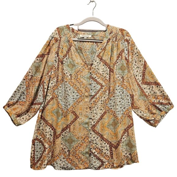 Ross + Olive Blouse womens 1X colorful boho beachy career covered buttons floral - Picture 1 of 15